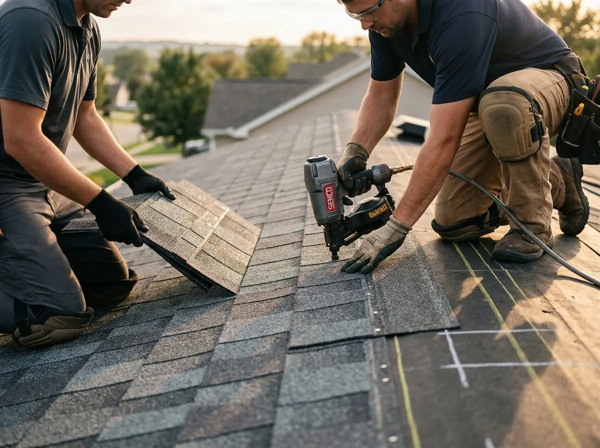 Professional roofer working on a residential roof in Myrtletown